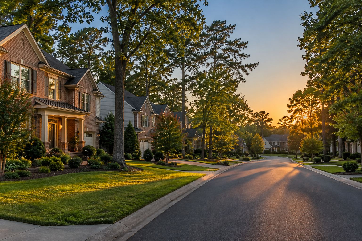 A Cornelius residential street at sunset, illustrative