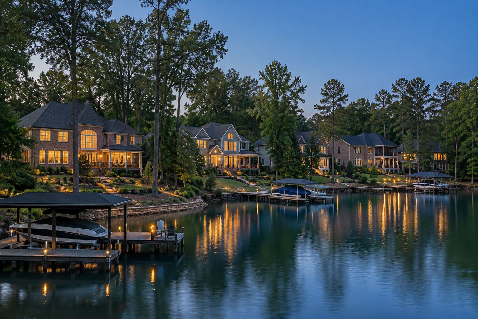 Lakeside homes at dusk, illustrative