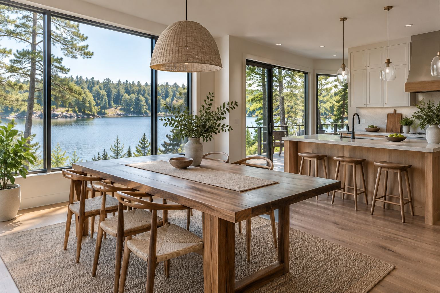 A bright dining room overlooking a calm lake cove, illustrative